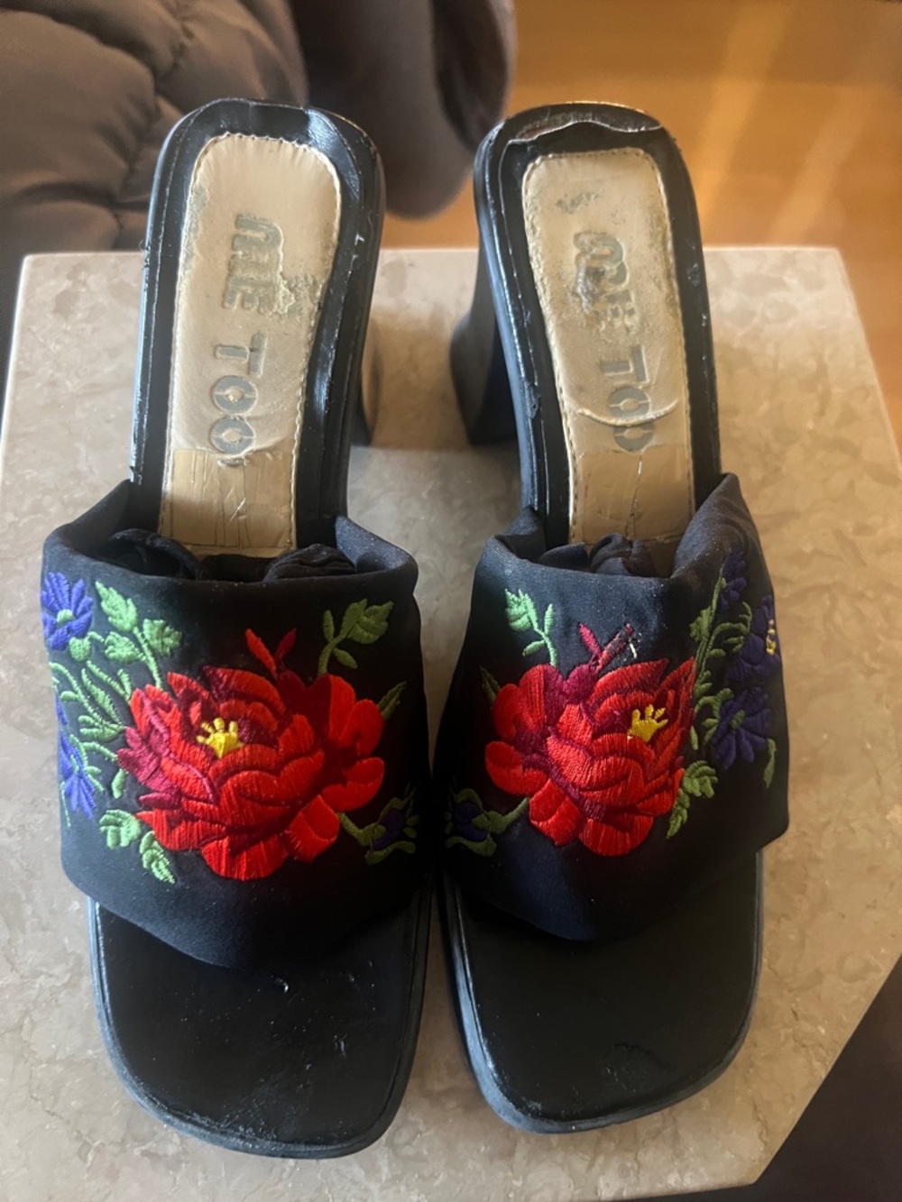 Me Too Floral Embroidered Black Slide Heels - Women